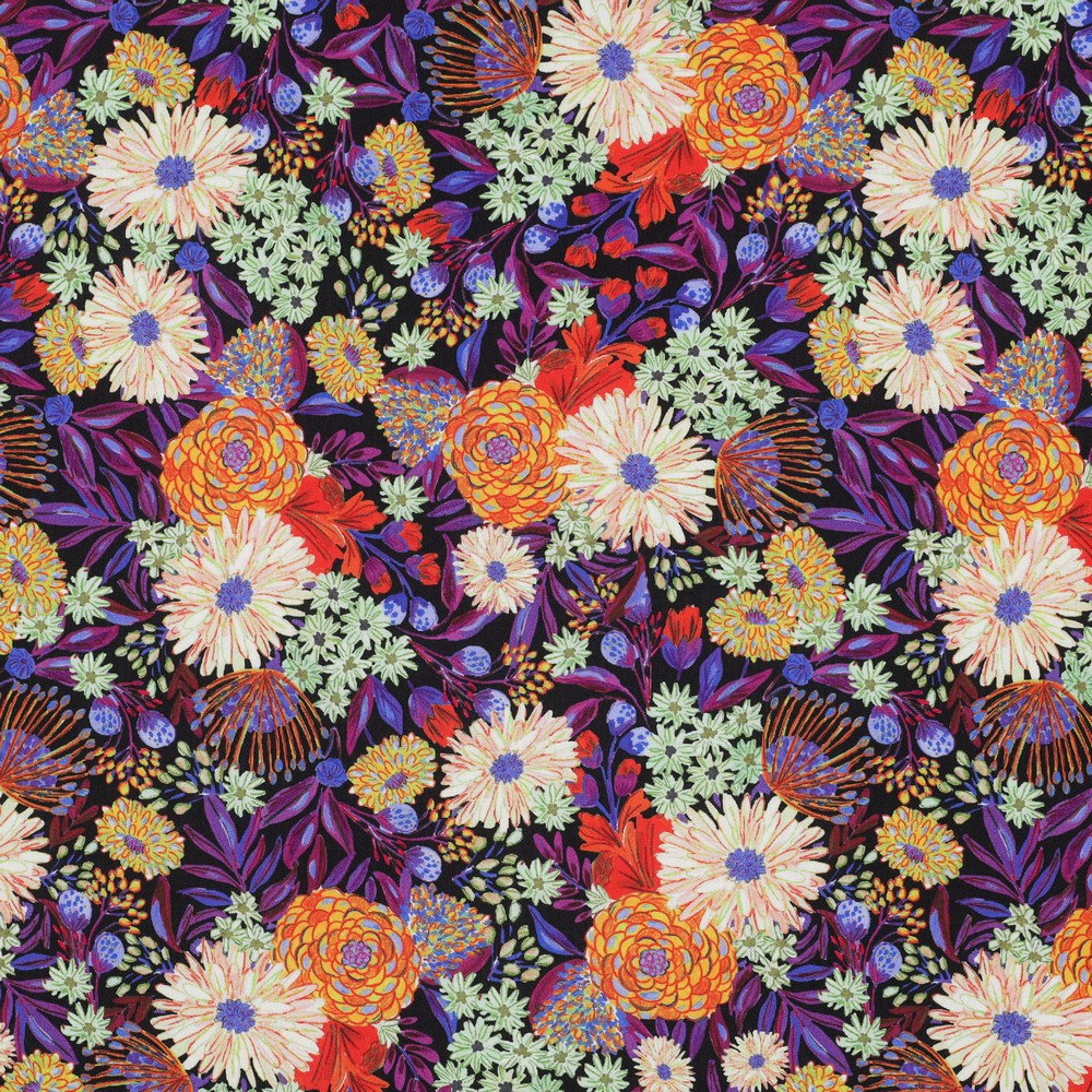 Eco Viscose fabric with a vibrant floral print lays flat