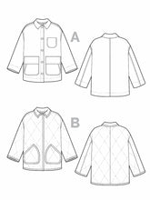 Load image into Gallery viewer, Line drawings of front and back views of the Fowler Barn Coat, and the Quilted Jacket options.
