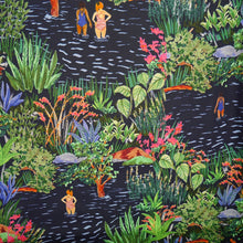 Load image into Gallery viewer, Cotton lawn fabric with a vibrant scene featuring bather, plants, and flowers in a lake

