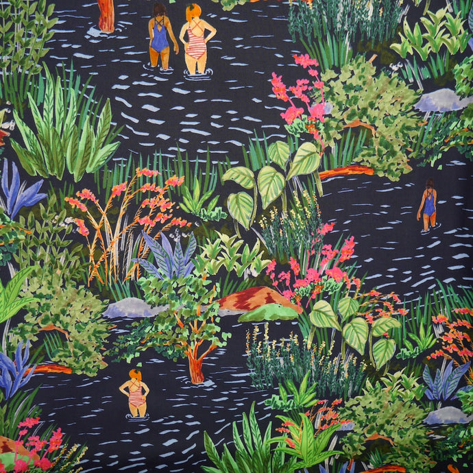 Cotton lawn fabric with a vibrant scene featuring bather, plants, and flowers in a lake