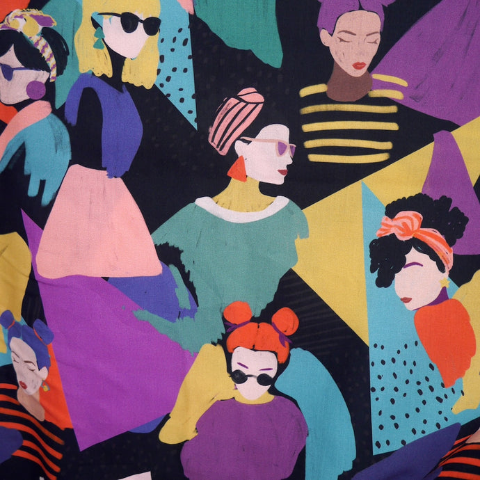 Cotton Lawn fabric with illustrated print of stylised women amongst geometric shapes in the background