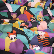 Load image into Gallery viewer, Cotton Lawn fabric, displayed in soft folds, with illustrated print of stylised women amongst geometric shapes in the background
