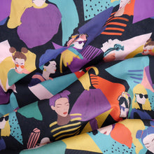 Load image into Gallery viewer, Cotton Lawn fabric displayed in soft folds, with illustrated print of stylised women amongst geometric shapes in the background
