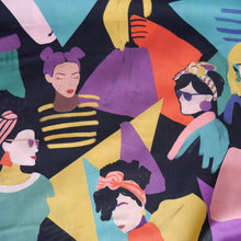 Load image into Gallery viewer, Cotton Lawn fabric with illustrated print of stylised women amongst geometric shapes in the background
