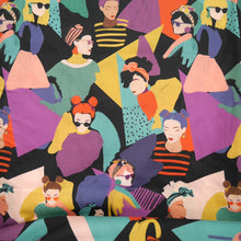 Load image into Gallery viewer, Cotton Lawn fabric hangs, with illustrated print of stylised women amongst geometric shapes in the background
