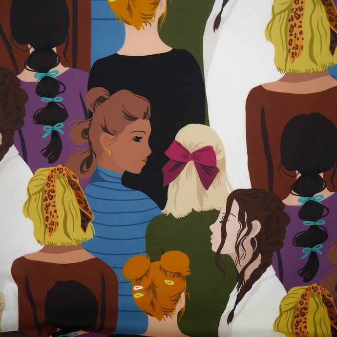 Cotton Lawn fabric with illustration of women with various hairstyles and colours.