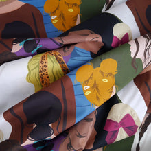 Load image into Gallery viewer, Cotton Lawn fabric, displayed in soft folds, with illustration of women with various hairstyles and colours.
