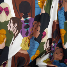 Load image into Gallery viewer, Cotton Lawn fabric displayed in soft drapes, with illustration of women with various hairstyles and colours.
