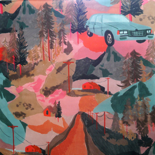 Cotton Fabric with print of car amid mountain landscapes