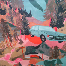 Load image into Gallery viewer, Cotton Fabric print of car amidst trees and mountains
