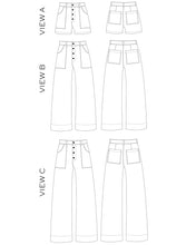 Load image into Gallery viewer, True Bias&#39; Lander Pant &amp; Short Line Drawings, front and back view with different length options
