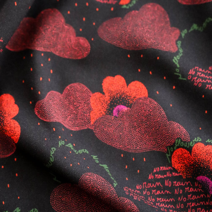 Viscose fabric with a floral pattern and dotted clouds on a black background