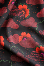 Load image into Gallery viewer, Viscose fabric with a floral pattern and dotted clouds on a black background
