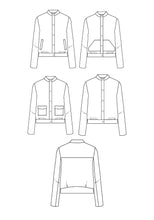 Load image into Gallery viewer, Line Drawings of the Dandelion Jacket, views with 3 pocket variations, no pocket, and back view
