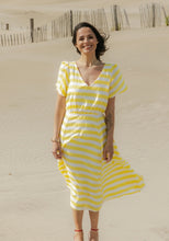 Load image into Gallery viewer, Lady wears a V-neck, short-sleeve dress with elasticated waist, in a stripe fabric
