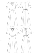 Load image into Gallery viewer, Line drawings of the Cuba Libre dress, front and back views, with both a closed or open back options
