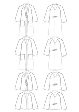Load image into Gallery viewer, Line drawings of Nage Libre jacket, front and back views, short and long options
