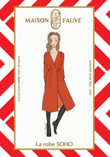 Load image into Gallery viewer, Maison Fauve Soho Dress Sewing Pattern Packaging box cover features an illustration of lady wearing a wrap dress
