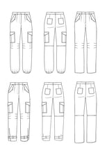 Load image into Gallery viewer, Line drawings of Tremplin trousers with variations of cuff styles and pocket placements, front and back views
