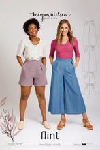 Load image into Gallery viewer, Megan Nielsen&#39;s Flint Pants Sewing Pattern Envelope front view, shows two ladies, one wearing the Flint&#39;s Shorts, the other wearing the cropped wide-leg trouser option
