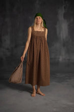 Load image into Gallery viewer, Front view of model wearing a sleeveless dress, square neckline, gathered dress from above bust seam
