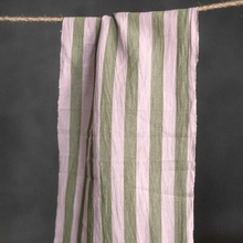 Load image into Gallery viewer, Piece of striped cotton and linen fabric hangs over a string 

