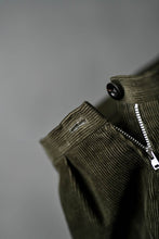 Load image into Gallery viewer, Close up detail of corduroy Eve Trousers, at waistband with button and side zipper
