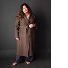 Load image into Gallery viewer, Model wears a traditional dressing gown, fastened with waist belt
