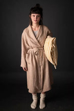 Load image into Gallery viewer, Model wears the Sunday: a traditional dressing gown, fastened with waist belt, two patch pockets at waist level
