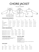 Load image into Gallery viewer, Chore Jacket sewing pattern with measurements, fabric requirements, and skill level information.
