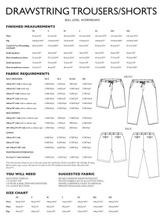 Load image into Gallery viewer, Drawstring Trouser/Shorts sewing pattern with measurements, fabric requirements, and skill level information.
