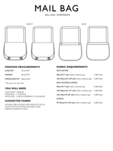 Load image into Gallery viewer, Mail Bag sewing pattern with measurements, fabric requirements, and skill level information.
