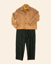 Load image into Gallery viewer, Chore jacket buttoned up, with inner collared shirt and trousers, displayed flat on plain background
