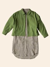 Load image into Gallery viewer, Chore jacket over a checkered shirt laid flat on a plain background
