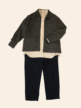 Load image into Gallery viewer, Chore jacket displayed with an inner grandad-collar-shirt, and trousers, lain flat on a plain background
