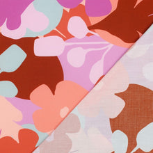 Load image into Gallery viewer, Eco Viscose Fabric with a bold, retro-style floral pattern, displayed with its reverse side lain atop
