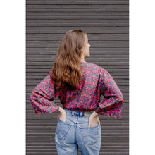 Load image into Gallery viewer, Back view of model wearing long sleeved top made with Colorful Garden Digital Print Viscose Fabric
