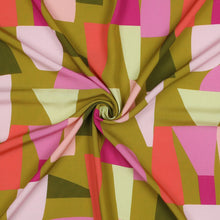 Load image into Gallery viewer, Shape Shifter Viscose Fabric with print of block shapes in various colours, shown with central swirl
