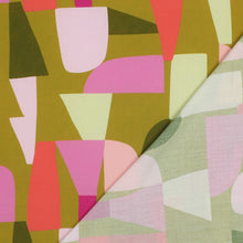 Load image into Gallery viewer, Shape Shifter Viscose Fabric with print of block shapes in various colours, shown with reverse side lain on top
