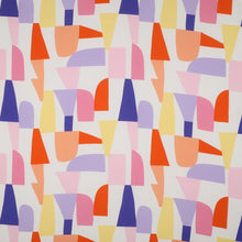 Load image into Gallery viewer, Eco Viscose fabric displayed flat with abstract geometric pattern of various irregular shapes
