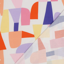 Load image into Gallery viewer, Eco Viscose fabric displayed with its reverse side lain atop. Abstract geometric pattern of various irregular shapes.
