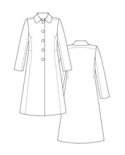 Load image into Gallery viewer, Front and back line drawings views of Tangier Coat version 1 with classic two-seam sleeves
