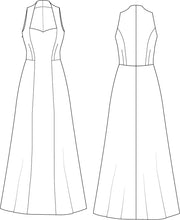 Load image into Gallery viewer, Line drawing of Version 2 Marrakesh sleeveless dress with A-line skirt, front and back view
