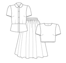 Load image into Gallery viewer, Line drawings of shirt, blouse and skirt
