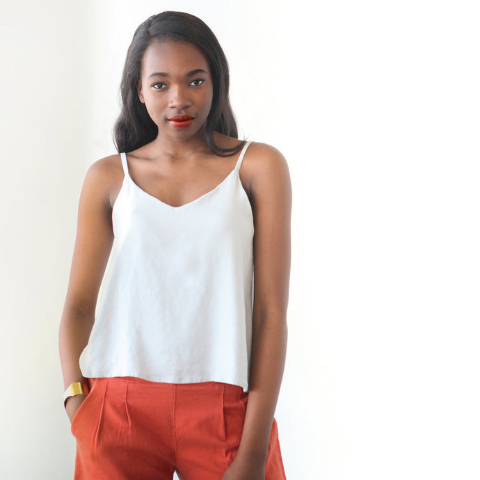 Lady wears The Ogden Cami from True Bias, a v-neck camisole with spaghetti straps. 