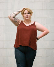 Load image into Gallery viewer, Lady wears The Ogden Cami from True Bias, a v-neck camisole with 3/4 inch wide straps.
