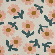 Load image into Gallery viewer, Flat image of pattern print of large flower motifs on natural base organic cotton double gauze fabric
