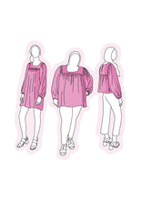Load image into Gallery viewer, Three line drawings of front views of Julie Blouse in two lengths, and Julie Dress
