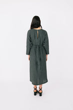 Load image into Gallery viewer, Back view of lady wearing long sleeved dress with waist belt ties

