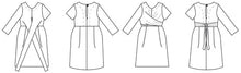 Load image into Gallery viewer, Meridian Dress line drawings of front and back views with sleeve options
